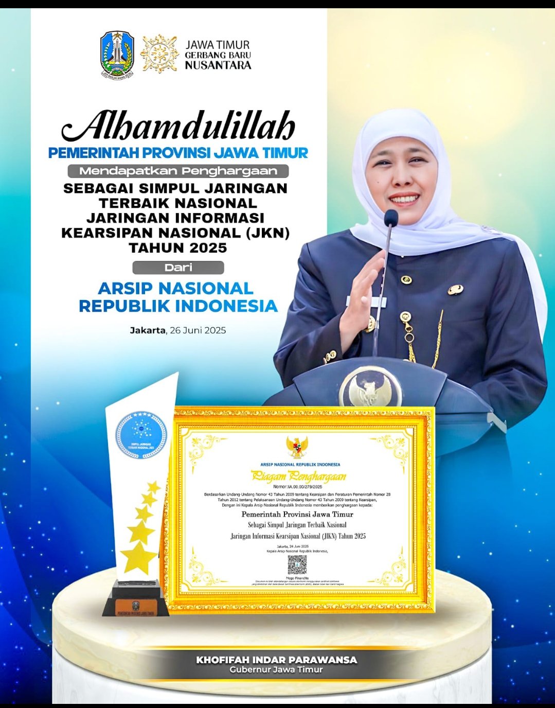 Jatim Raih Simpul Jaringan Terbaik Nasional, Gubernur Khofifah Dorong Akses Arsip Kian Terbuka