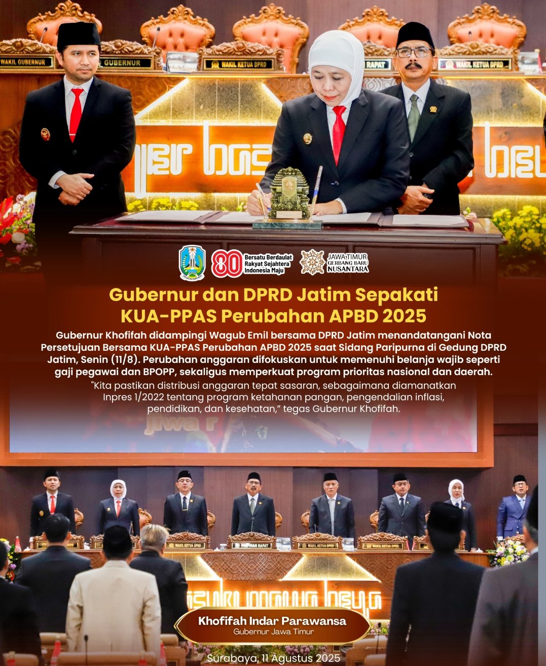 Gubernur Khofifah dan DPRD Jatim Sepakati Nota KUA-PPAS Perubahan APBD 2025
